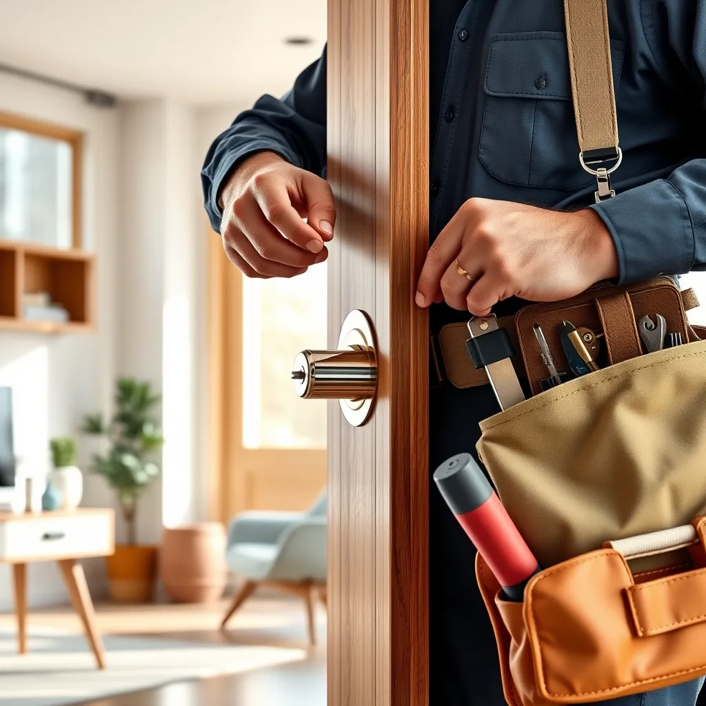 A locksmith, wearing a uniform and carrying a toolkit, is installing a new, high-security deadbolt lock on a solid wood door. The scene is set in a well-lit, modern home office with clean lines and minimalist decor. The locksmith's hands are shown with precision, highlighting the intricacies of the installation process. The image captures a sense of professionalism and attention to detail. Rendered in 8K resolution, photorealistic with detailed textures on the lock, tools, door, and surrounding environment. Include natural lighting pouring in from a large window.