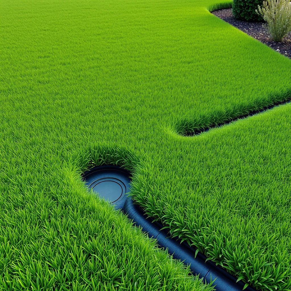 A lush green lawn with a well-maintained drainage system. Show a neatly trimmed lawn with a subtle slope and a visible drainage pipe leading away from the lawn to a nearby drainage area. The image should convey a sense of functionality and aesthetic appeal.