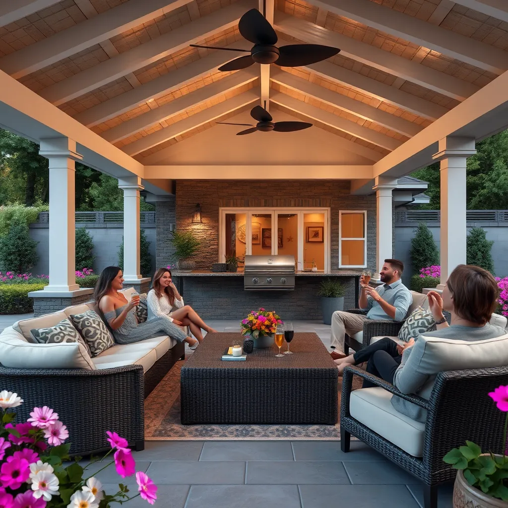A luxurious outdoor living space with a large, covered patio featuring comfortable seating, a built-in grill, and a bar counter. The patio is surrounded by lush greenery and blooming flowers. Guests are enjoying drinks and conversation, laughing and relaxing in the comfortable setting. The image should convey a sense of luxury, relaxation, and entertainment.