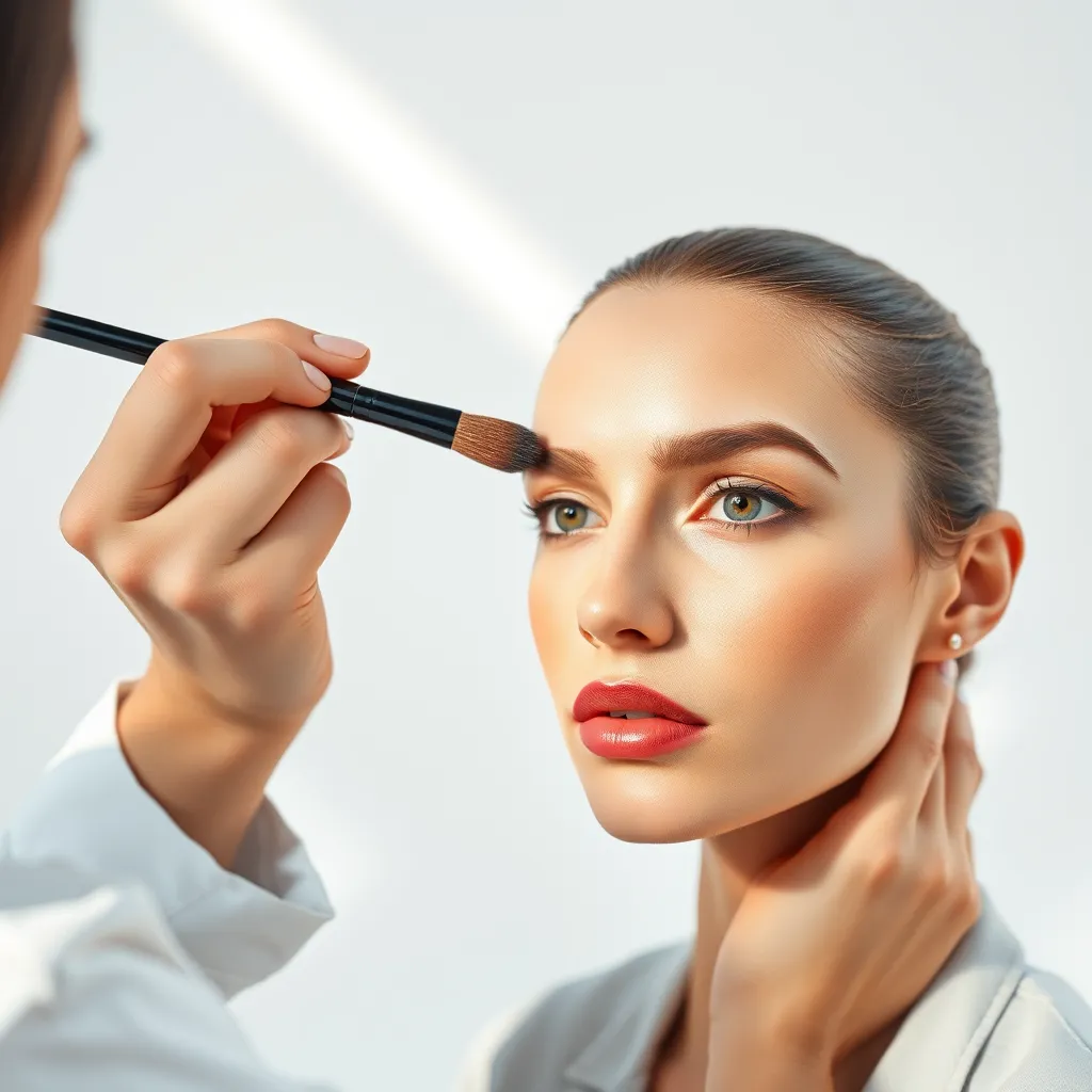 A makeup artist is applying eyeshadow to a model's eye. The makeup artist is wearing a white lab coat and using a professional makeup brush. The model has a neutral expression and is looking directly at the camera. The background is a clean, white studio setting with natural light.