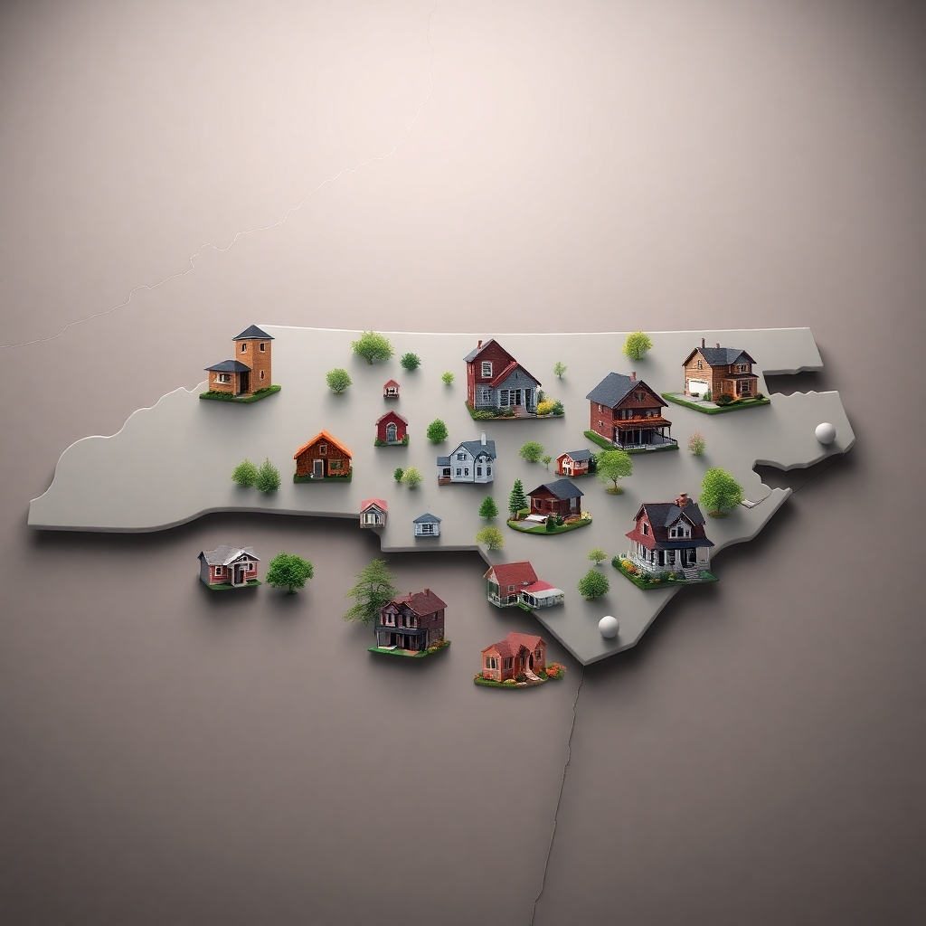 A map of North Carolina highlighting the service areas of DTR Handyman, with various houses in different styles spread across the map, showcasing the geographical reach of the company.