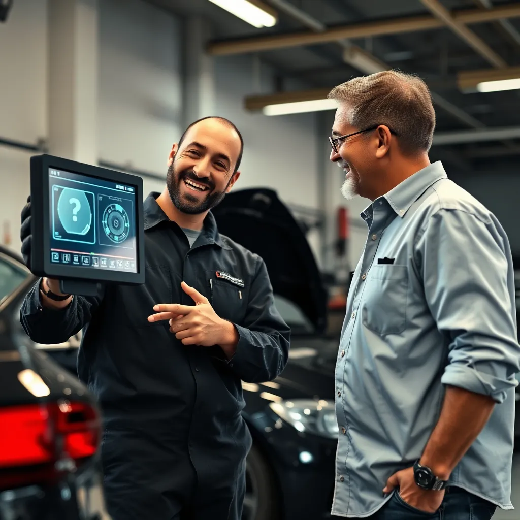 A mechanic explaining a car repair to a smiling customer, pointing at a diagnostic screen. They are both standing in front of the customer's car in a well-lit garage, conveying trust and communication.