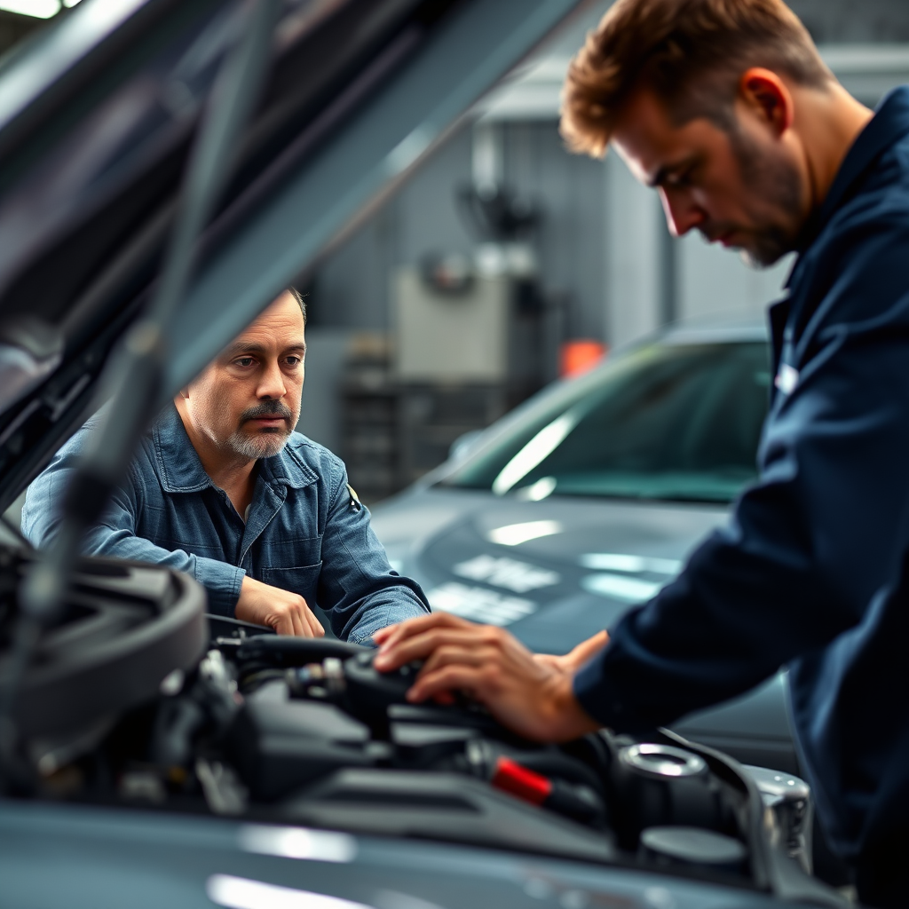 A mechanic inspecting a used car, focusing on the engine. The scene should convey trust and attention to detail. Use professional lighting to highlight the car's mechanical components. Style: Professional and technical. Technical specs: 4K resolution, high quality.