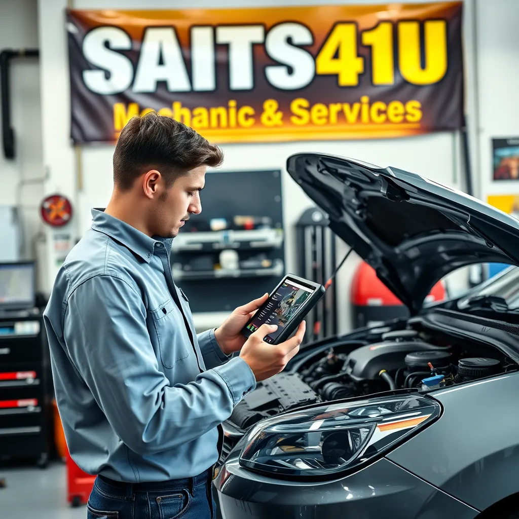 A mechanic using a tablet to diagnose a car engine, with various tools and equipment surrounding him. The garage is modern and clean, with a visible banner that reads 'SAITS4U Mechanic Services' in bold letters.