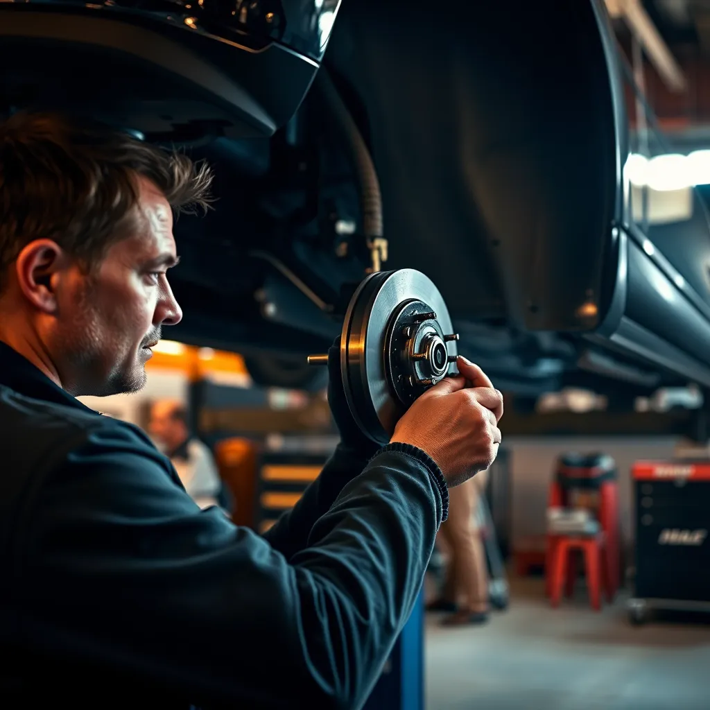 A medium-distance shot of a mechanic working on a brake system in a garage, with dramatic side lighting emphasizing the mechanic's focused expression and the tools in their hands. The car should be lifted on a hoist, revealing the undercarriage with the brake system in focus. The image should have a warm color palette and a sense of urgency and precision, highlighting the expertise and dedication of the mechanic. Capture the scene with a shallow depth of field, blurring the background and focusing on the mechanic's actions. Style it after a classic automotive magazine photograph, with high-quality details and textures.