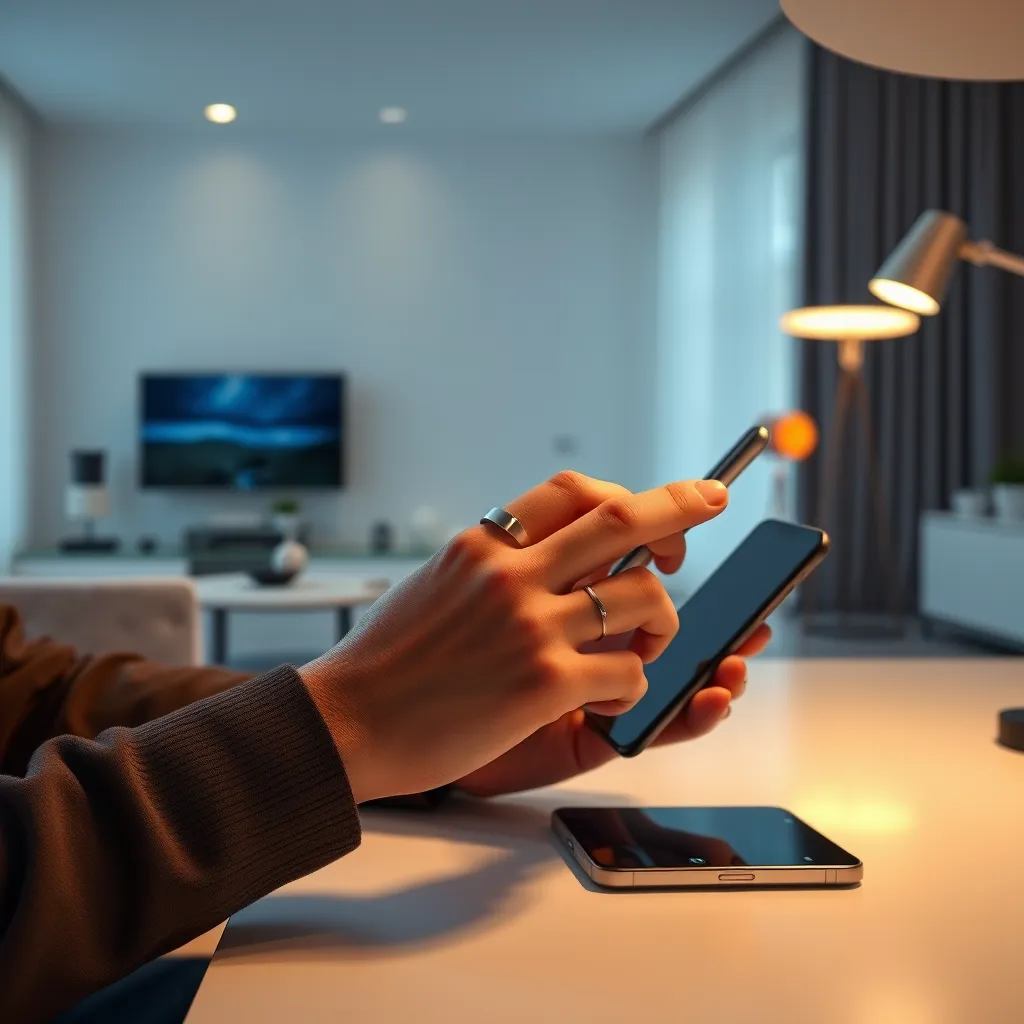 A minimalist, clean image of a person sitting at a modern desk, using their phone to control smart home devices. The phone is seamlessly connected to a sleek, silver SAITS4U smart ring on their index finger. The ring is illuminated by the soft, warm light of the desk lamp, with its sensor subtly glowing. The background features a minimalist living room with a smart TV, smart lights, and other smart home devices. The image should emphasize the ring's seamless integration with the smart home ecosystem, allowing for effortless control and a streamlined experience. Render this image in 8K resolution, with a focus on the person's hand interacting with their phone and the ring.