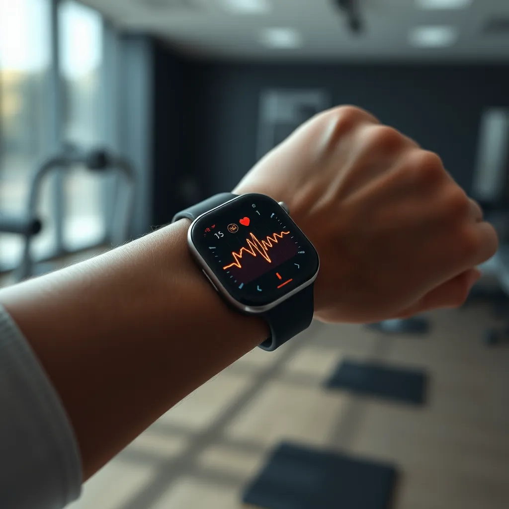 A minimalist image of a person's wrist wearing a smart band. The band is displaying a detailed graph of their heart rate, with the background featuring a gentle blur of a fitness studio or gym setting.