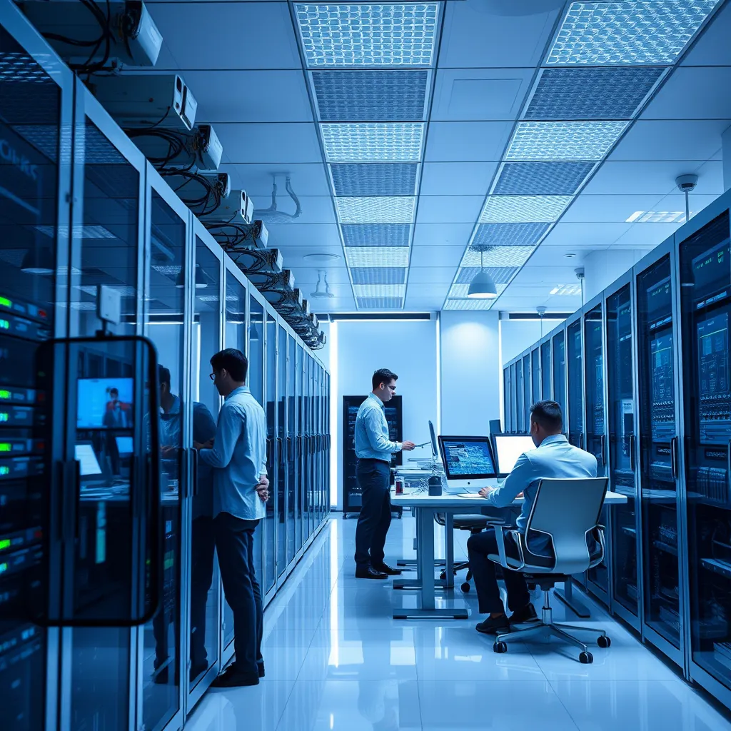 A modern, bright office space with a team of IT professionals working on servers and networking equipment.  The scene should be clean, organized, and technologically advanced, showcasing a seamless and efficient IT environment.