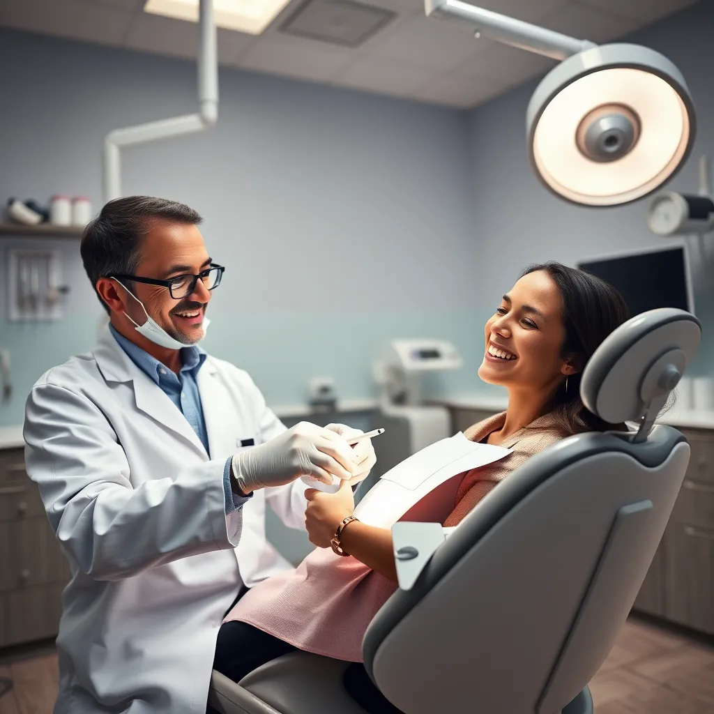 A modern, clean dental clinic interior with a friendly dentist examining a patient.  The dentist is wearing a white coat and gloves. The patient is smiling and relaxed. There are tools and equipment in the background, showcasing the comprehensive nature of the clinic's services.