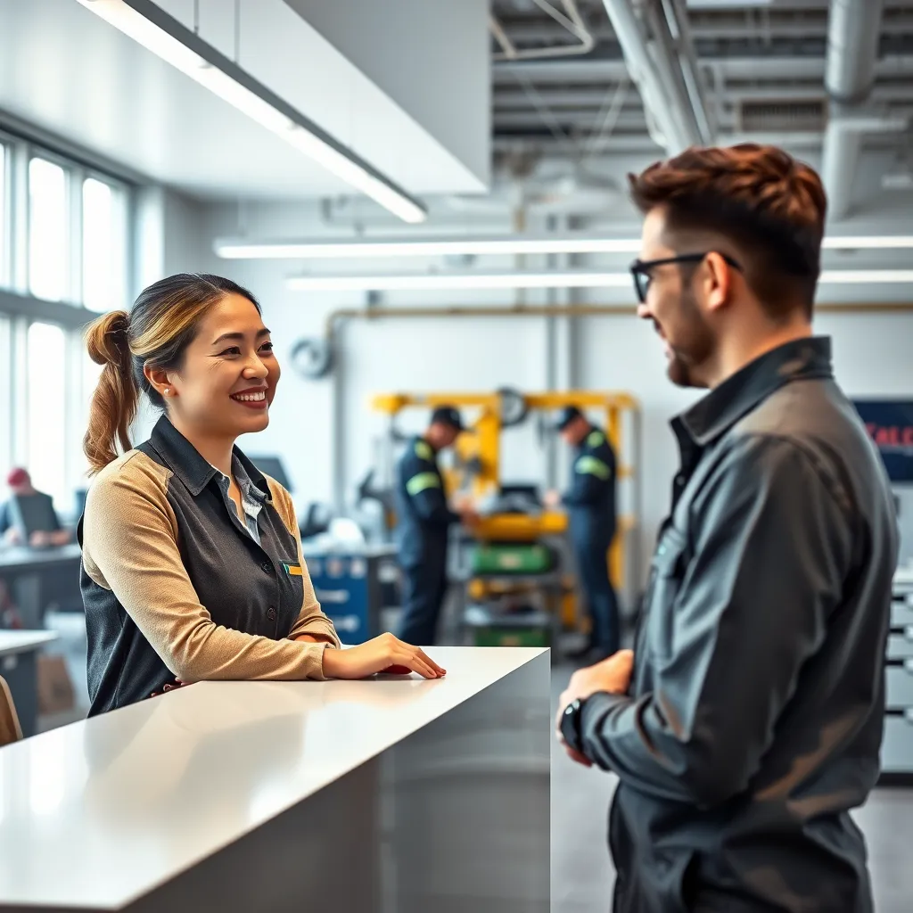 A modern, clean office space with a friendly receptionist greeting a satisfied customer. The background shows a team of technicians working diligently in a workshop, emphasizing the company's commitment to quality and customer satisfaction.