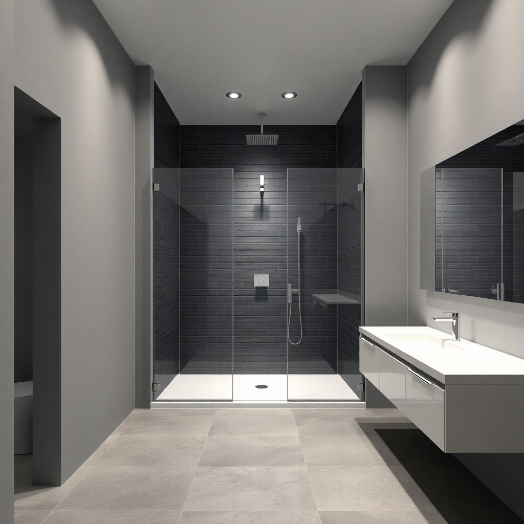 A modern, minimalist bathroom with a spacious walk-in shower featuring sleek, black tile and a rain shower head.  The lighting is soft and diffused, creating a serene atmosphere.  The shower stall is framed by glass panels with minimal hardware.  The bathroom features a floating vanity with a white countertop and a large mirror.  The walls are a neutral gray color, and the flooring is polished concrete.  The image should emphasize the clean lines, minimalist design, and luxurious feel of the bathroom. Rendered in 8K resolution with hyperrealistic textures and lighting. Style:  modern, minimalist, spa-like.
