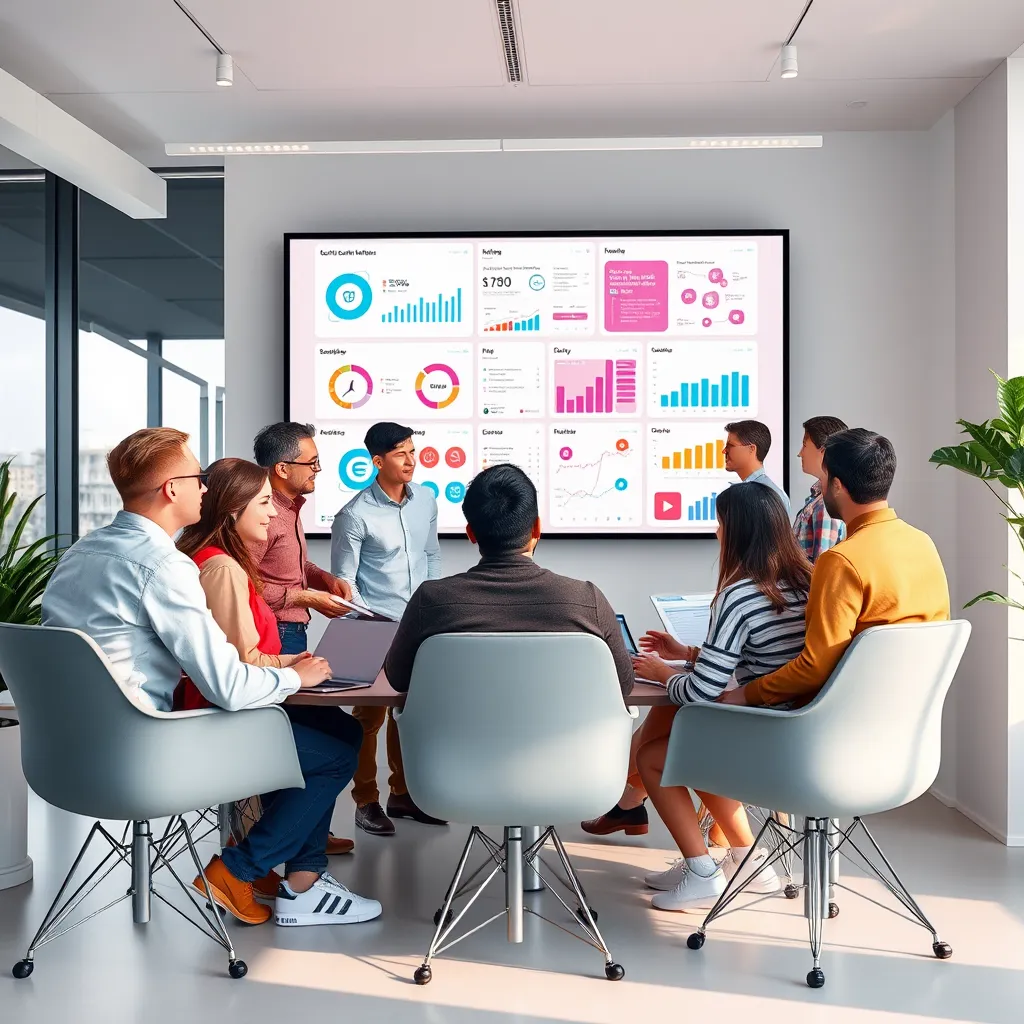 A modern, minimalist office setting with a young, diverse team of social media experts working together. The team is collaborating around a large screen, showcasing dynamic social media analytics and dashboards. They are engaged in a lively brainstorming session, discussing strategies and content ideas. The room is filled with natural light, creating a bright and inviting atmosphere. The focus is on the energy and collaboration of the team, highlighting their diverse skillsets and shared passion for social media marketing. The image should convey a sense of creativity, innovation, and data-driven decision-making. Render in 8K resolution with hyperrealistic detail and lighting effects, capturing the dynamic energy and vibrant colors of the team's workspace. Style reference: a photo by Cass Bird.