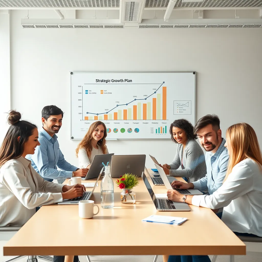 A modern, minimalist office space with a diverse team collaborating around a table, using laptops and tablets to analyze data and charts, showcasing a strategic growth plan on a whiteboard behind them. The scene should have a positive and confident atmosphere.