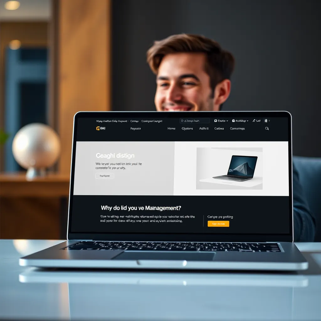A modern, minimalist website design with a clean layout, high-quality images, and a clear call to action. The website should be displayed on a sleek laptop computer, with a person in the background,  looking at the screen with a smile and an impressed expression.