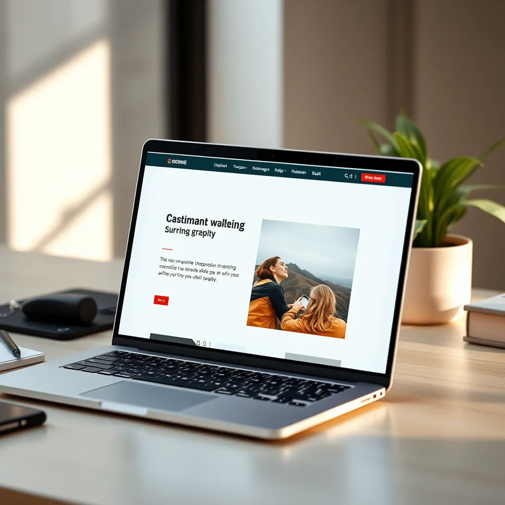 A modern, minimalist website design on a laptop screen, featuring a sleek interface, clear typography, and captivating imagery. The website is displayed on a desk with a cup of coffee and a plant in the background, evoking a sense of professionalism and creative energy.