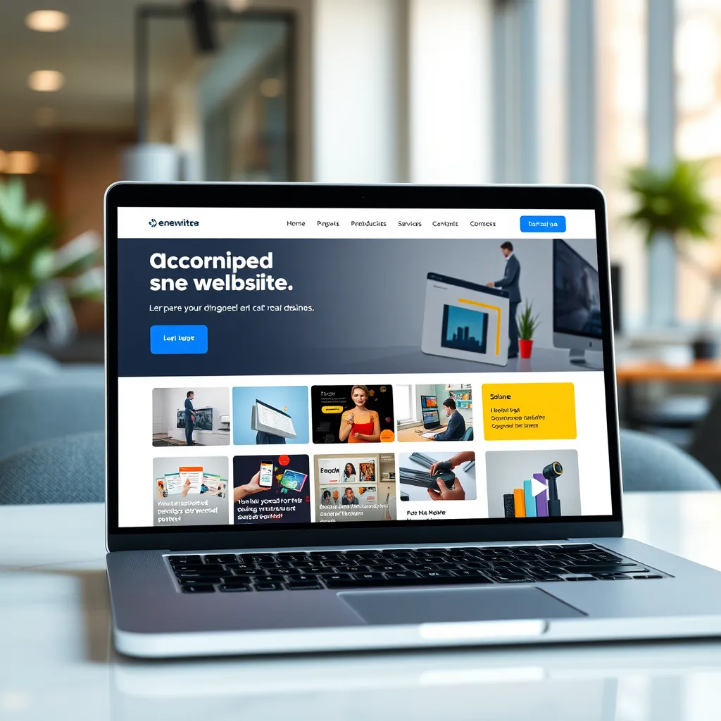 A modern, responsive website design with a clean layout, vibrant colors, and engaging visuals showcasing a business's products and services. The website should be displayed on a laptop screen with a blurred background of a professional office setting.