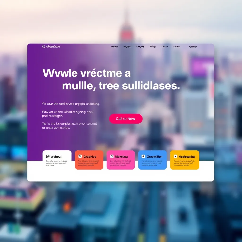 A modern, sleek website design with a vibrant color scheme. The website features a prominent call-to-action button and showcases various digital solutions, such as web development, graphic design, and social media marketing. The background should be a blurred cityscape, symbolizing the dynamic world of online businesses.