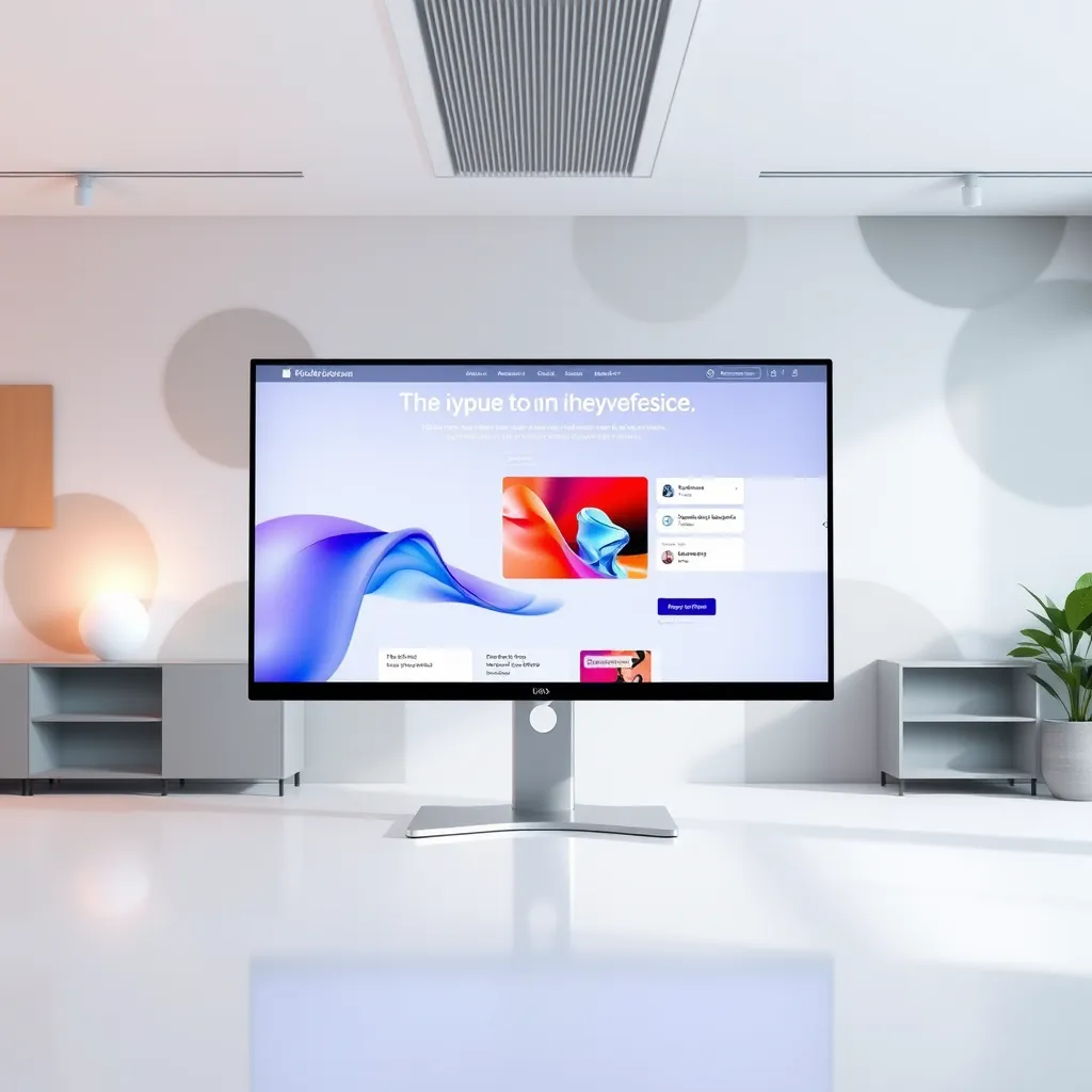 A modern, sleek website design with a clean and intuitive interface. The website should be showcased on a large monitor, surrounded by a minimalist office environment. The lighting is soft and diffused, highlighting the website's design elements. The colors are vibrant and professional, reflecting a modern and tech-savvy brand. The camera angle is slightly angled, showcasing the website in a dynamic way. The background includes abstract geometric patterns and a subtle gradient. The overall mood is professional, innovative, and inspiring. Style reference: Apple website design. Technical specifications: 8K resolution, hyperrealistic, ultra-detailed. 