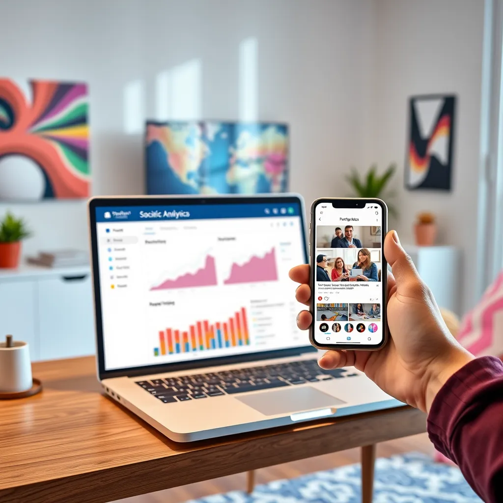 A modern, stylish home office with a laptop open to a social media analytics dashboard, showing graphs and demographics. The background is filled with vibrant colors and patterns reflecting the target audience's interests. A hand is holding a smartphone displaying a social media post with engaging content.