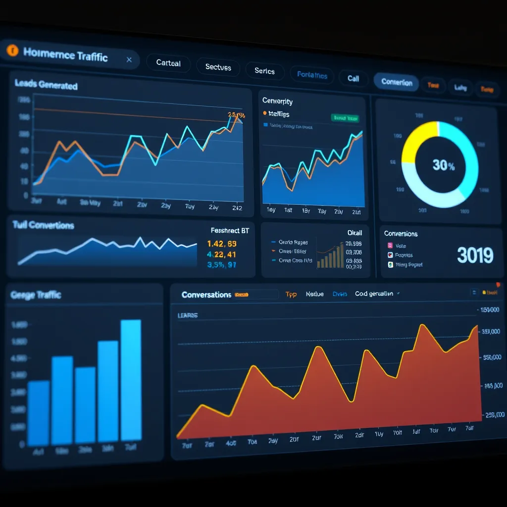 A modern dashboard with graphs, charts, and data visualizations showcasing website traffic, leads generated, and conversions. The image should emphasize the clarity and ease of understanding the data presented.