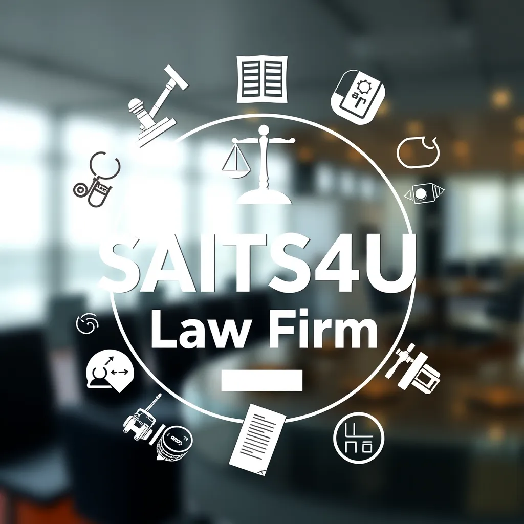 A modern law firm logo with the words 'SAITS4U Law Firm' prominently displayed.  The logo is surrounded by various legal symbols and icons, representing the firm's diverse areas of expertise, such as a gavel, a scale of justice, and a contract document.
