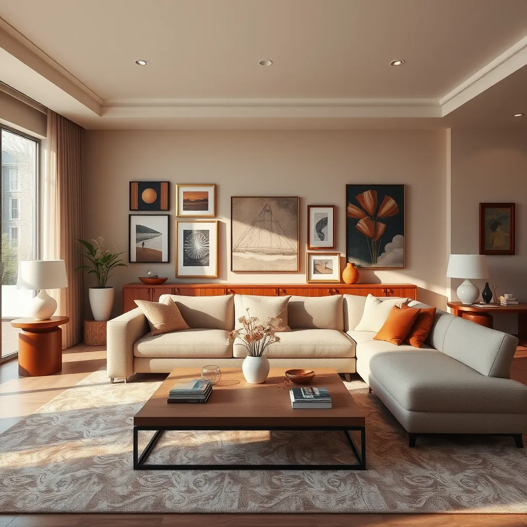 A modern living room with a large, comfortable sofa, a stylish coffee table, and a curated collection of artwork. The space is bathed in natural light and features a warm color palette. The image should convey a sense of personalized style and inviting comfort.