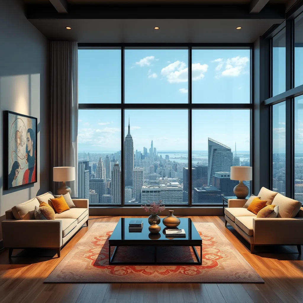 A modern living room with a large window overlooking a city skyline. The room features a comfortable sofa, a stylish coffee table, and unique artwork on the walls. The furniture and decor are a mix of classic and contemporary styles, reflecting a sophisticated and personalized taste.