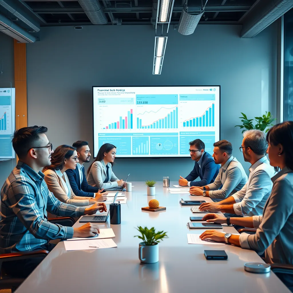A modern office scene with a diverse group of business professionals collaborating around a table, brainstorming ideas and analyzing data on a large screen. The atmosphere should be energetic and positive, reflecting the growth and progress of the business.