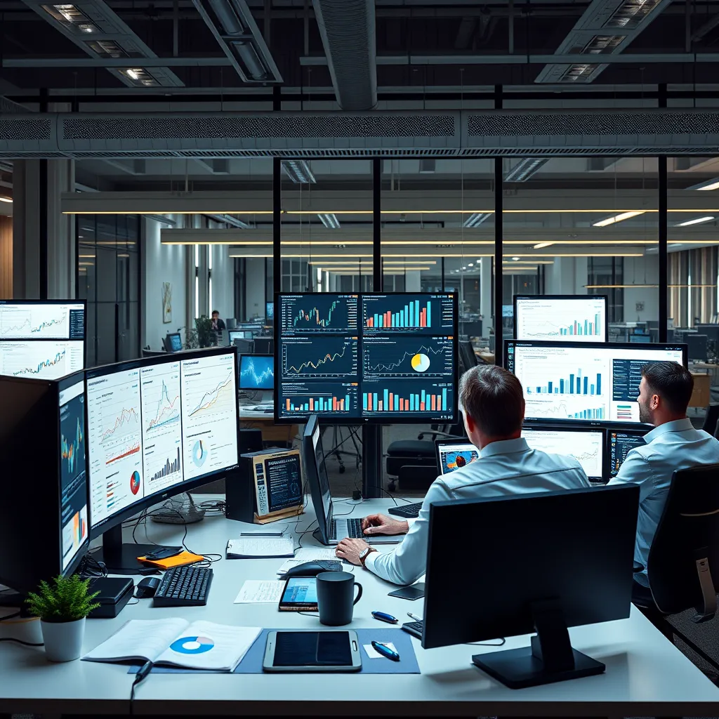 A modern office setting with a team of professionals analyzing data on multiple computer screens, surrounded by graphs and charts, showcasing their data-driven approach to digital marketing.