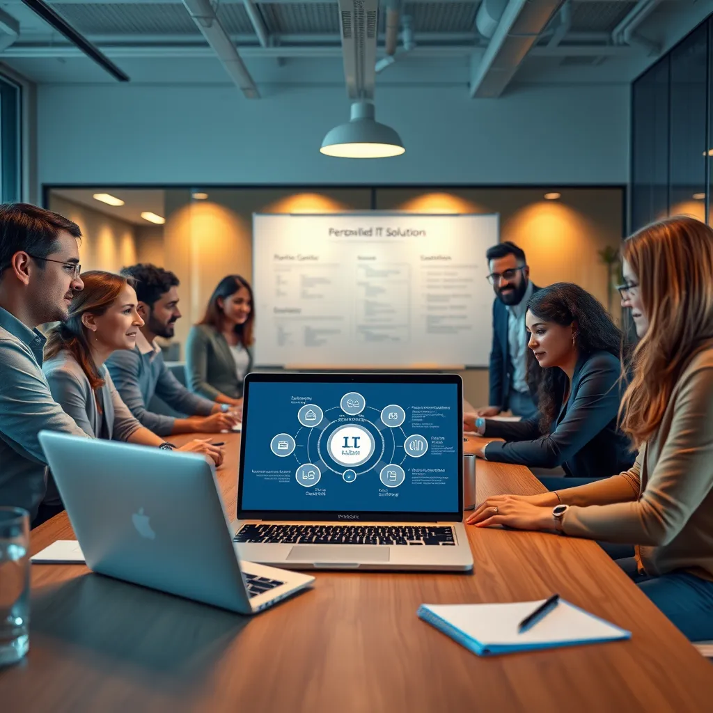 A modern office setting with a diverse team of professionals collaborating around a large table, with a laptop displaying a personalized IT solution diagram and a whiteboard showing strategic goals. The atmosphere should be vibrant and collaborative, highlighting the personalized nature of the solutions.
