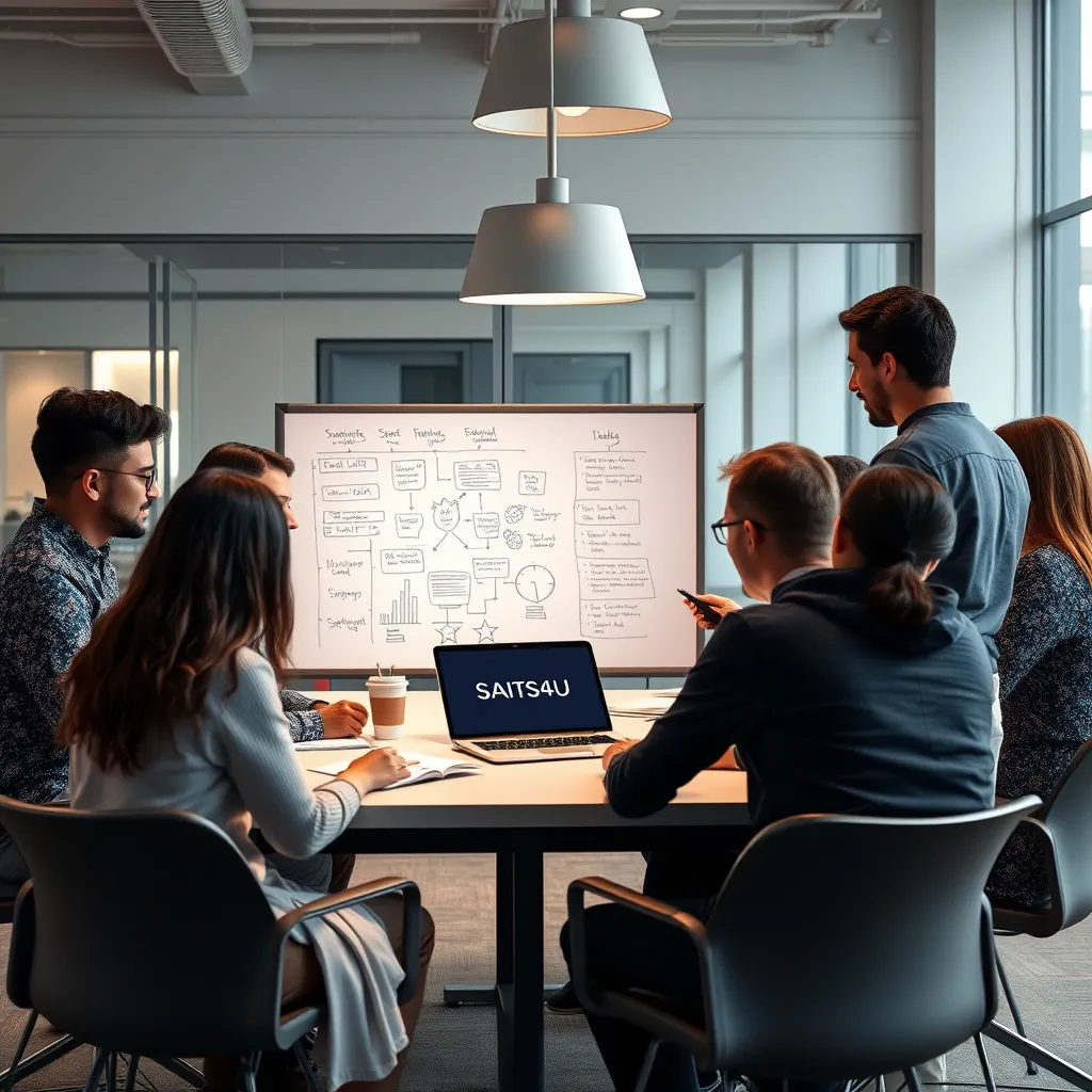  A modern office setting with a diverse team of professionals gathered around a table, engaging in a brainstorming session with a whiteboard filled with diagrams and ideas. The scene should reflect collaboration and problem-solving, with a laptop displaying the SAITS4U logo in the background.