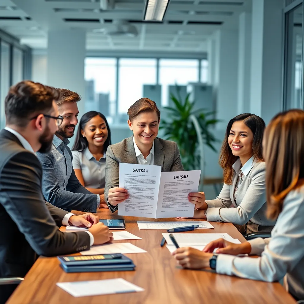 A modern office setting with a diverse group of business professionals gathered around a table, discussing financial documents and strategies.  A friendly SAITS4U representative is smiling and presenting a loan agreement to the group. The image should convey a sense of collaboration and confidence in achieving business goals.