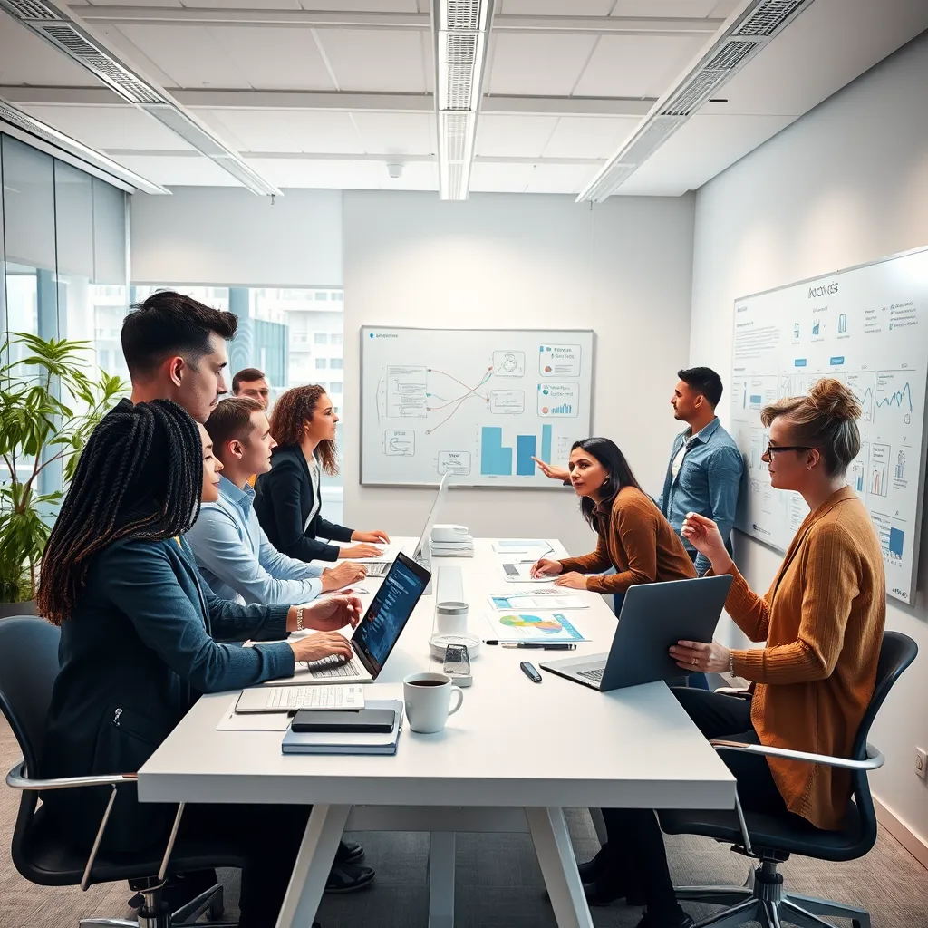 A modern office setting with a team of diverse professionals collaborating around a table, analyzing data and brainstorming ideas on a whiteboard. The room is bright and spacious, showcasing a sense of innovation and teamwork. The image should exude confidence and expertise.