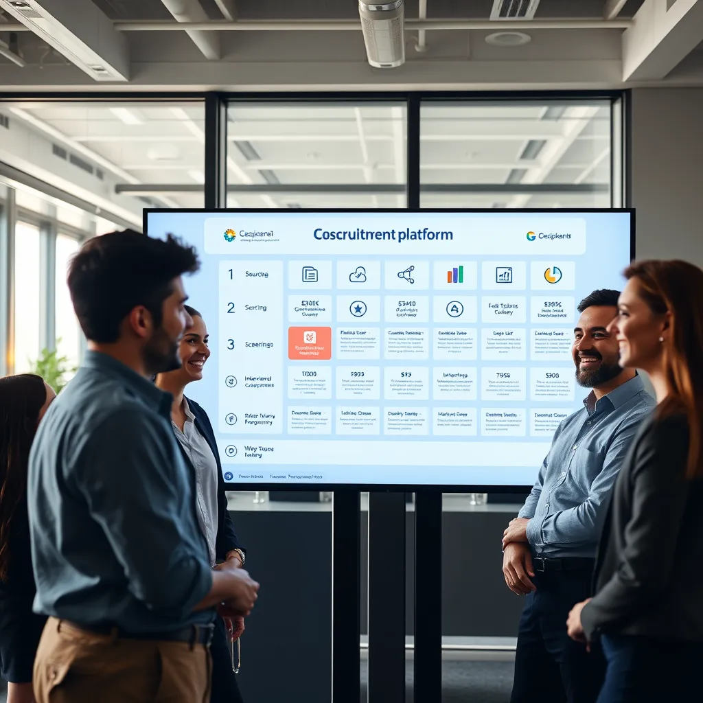 A modern office setting with a team of professionals gathered around a large screen showcasing a recruitment platform. The screen displays a streamlined process with clear steps and icons representing each stage, such as candidate sourcing, screening, interviews, and onboarding. The team members are smiling and interacting with each other, highlighting a collaborative and efficient environment.