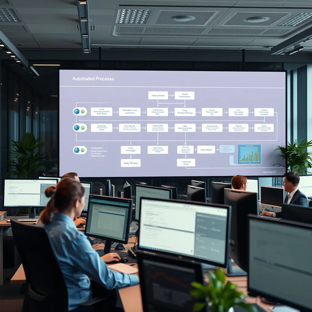 A modern office setting with a team of professionals working on computers, while a large screen displays a simplified flow chart representing automated processes. The image should convey efficiency and productivity.