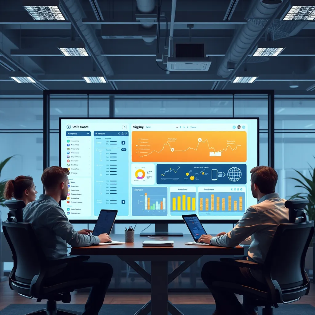 A modern office setting with a team of developers collaborating around a large screen, showcasing a custom software interface tailored to a specific business need, such as inventory management or customer relationship management. The image should highlight the individualization of the software and the collaborative nature of the development process.