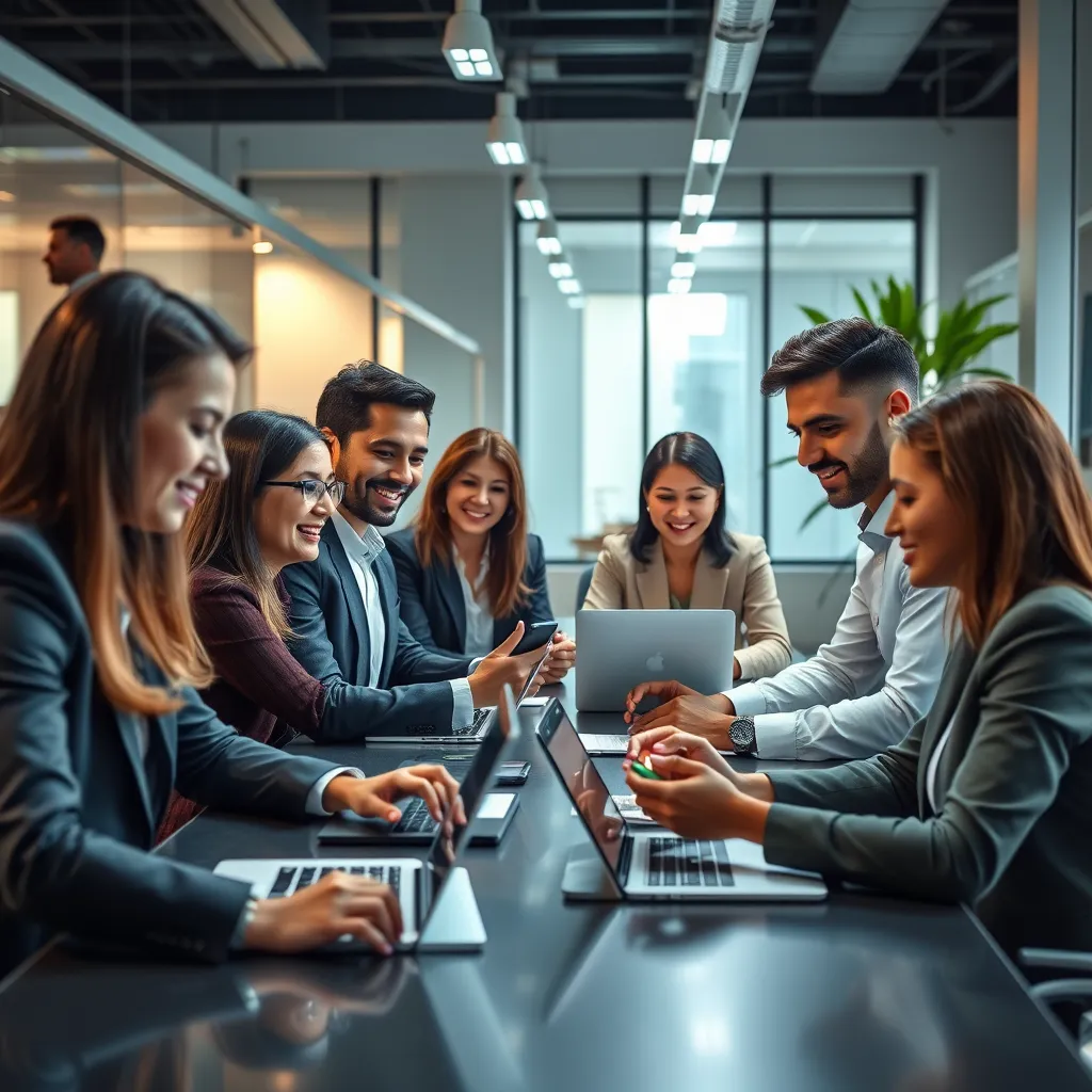 A modern office setting with a diverse group of professionals using laptops and smartphones to connect with potential candidates. The image should convey a sense of efficiency and collaboration, highlighting the digital tools used for talent sourcing.