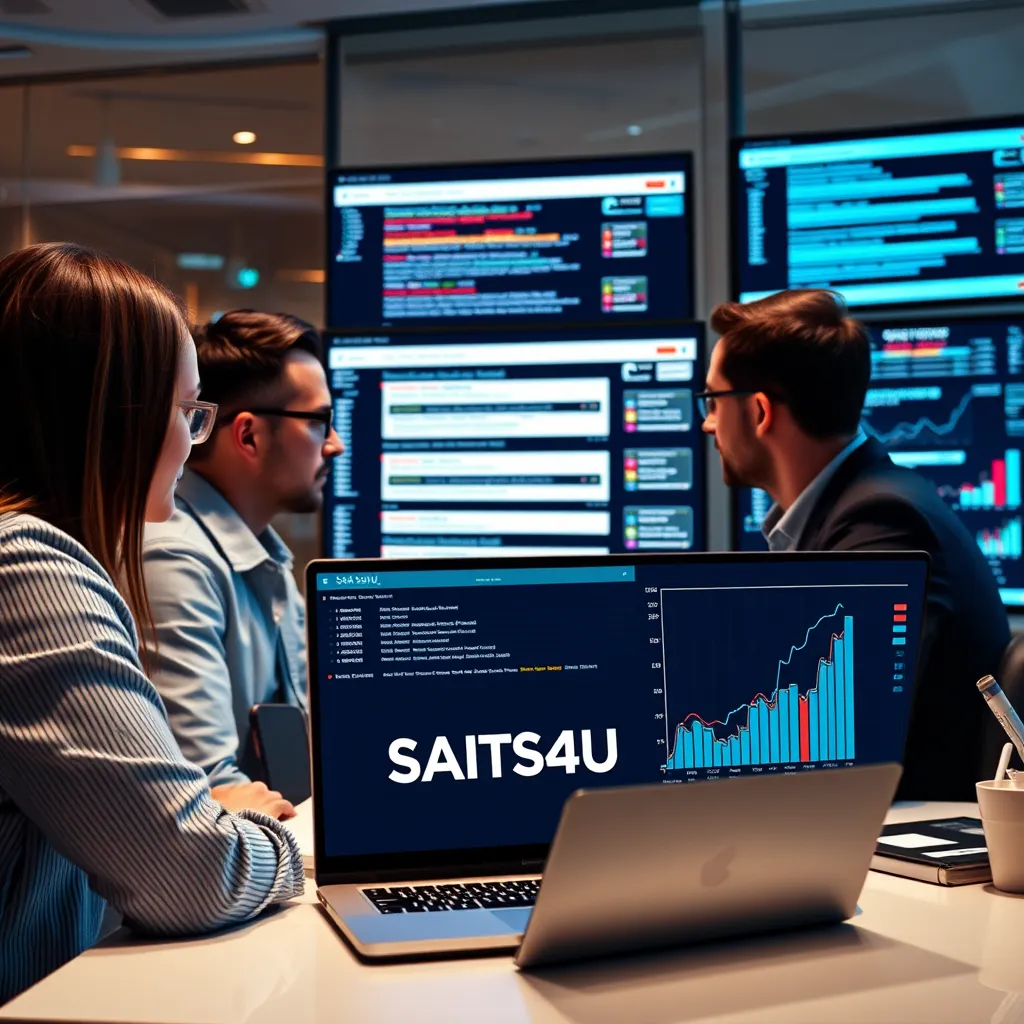 A modern office setting with a team of professionals analyzing data on computer screens. Focus on keywords, search engine results pages (SERPs), and charts displaying website traffic growth. Include a laptop with the SAITS4U logo displayed on the screen.