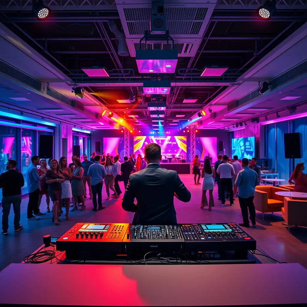 A modern office space transformed into a vibrant event venue. The DJ, wearing a sophisticated outfit, is mixing music from a sleek DJ booth, using a digital setup with multiple screens and controllers. The space features an open floor plan with mingling guests, a networking area with comfortable seating, and a stage with a captivating backdrop. The lighting is dynamic and colorful, with spotlights and strobes creating an energized atmosphere. The image should showcase a modern, professional setting, highlighting the energy and excitement of a corporate event. Capture the detail of the DJ's equipment, the guests' attire, and the dynamic lighting with a focus on sharp detail and realistic textures.