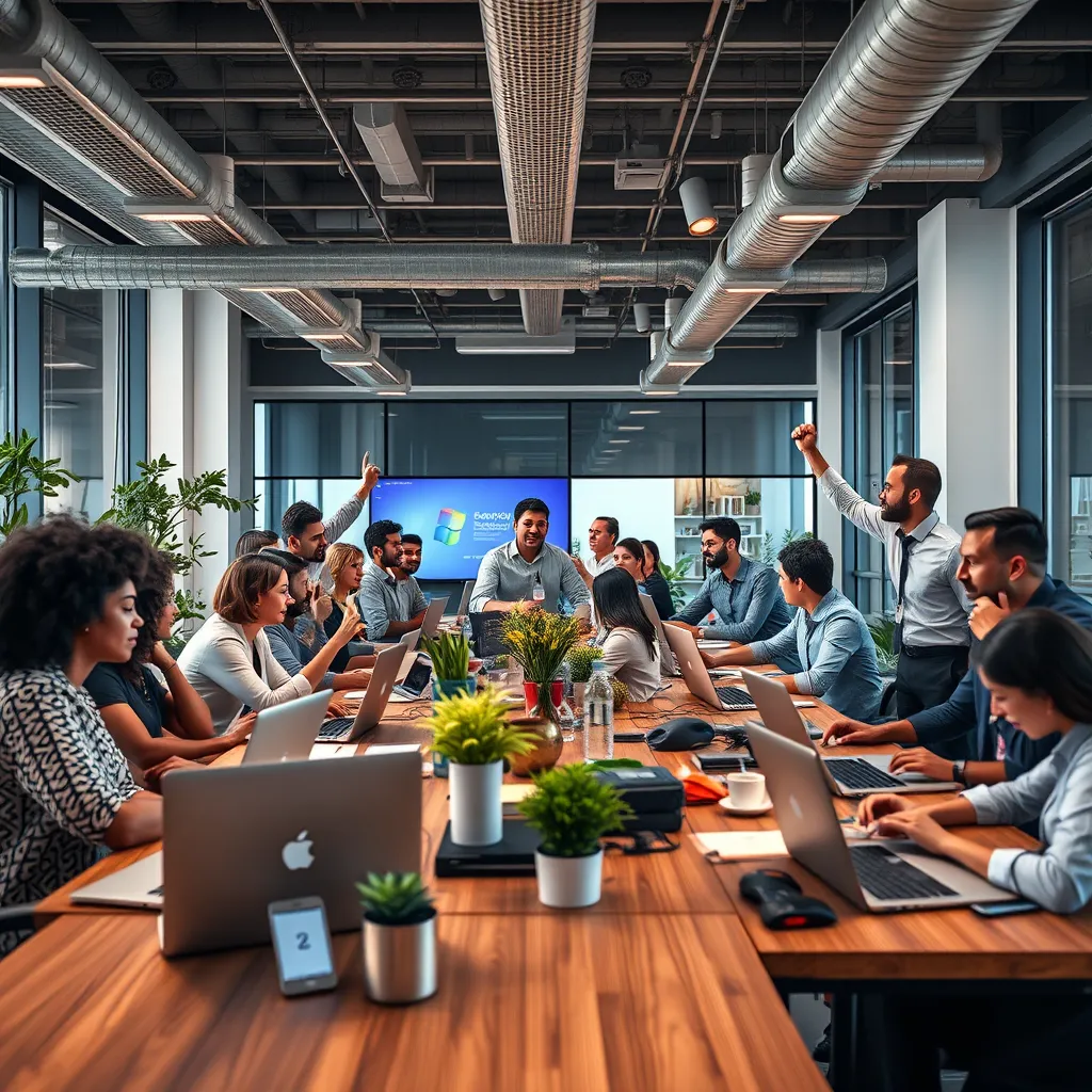 A modern office space with a diverse team of entrepreneurs working on laptops, brainstorming ideas, and celebrating a successful project. The atmosphere is vibrant and collaborative, representing the growth and success of businesses fueled by SAITS4U loans.