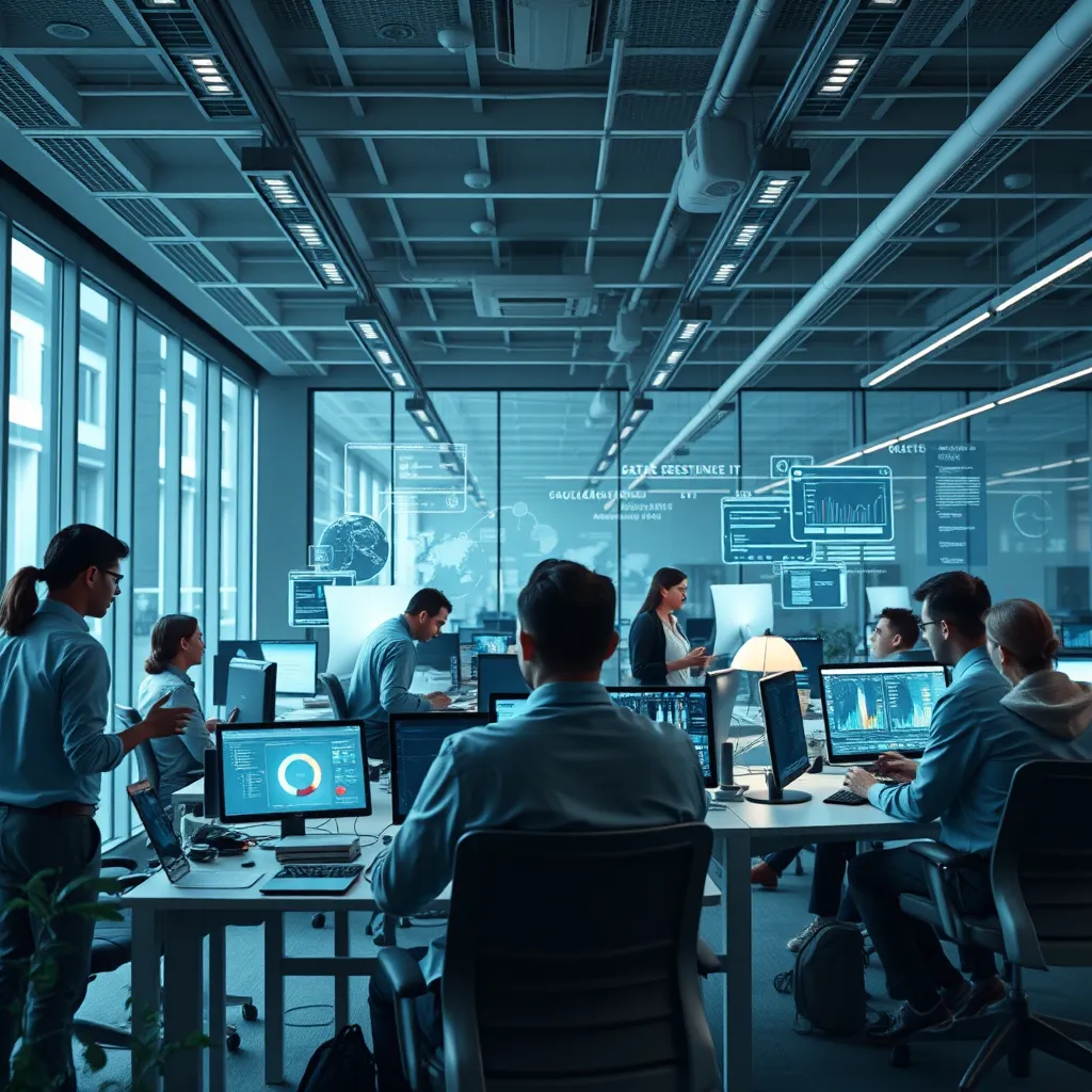 A modern office space with a sleek design, filled with people collaborating on projects, engaging in brainstorming sessions, and using advanced technology. The image emphasizes the dynamic and strategic approach SAITS4U offers, highlighting the use of technology and data-driven insights for business success.
