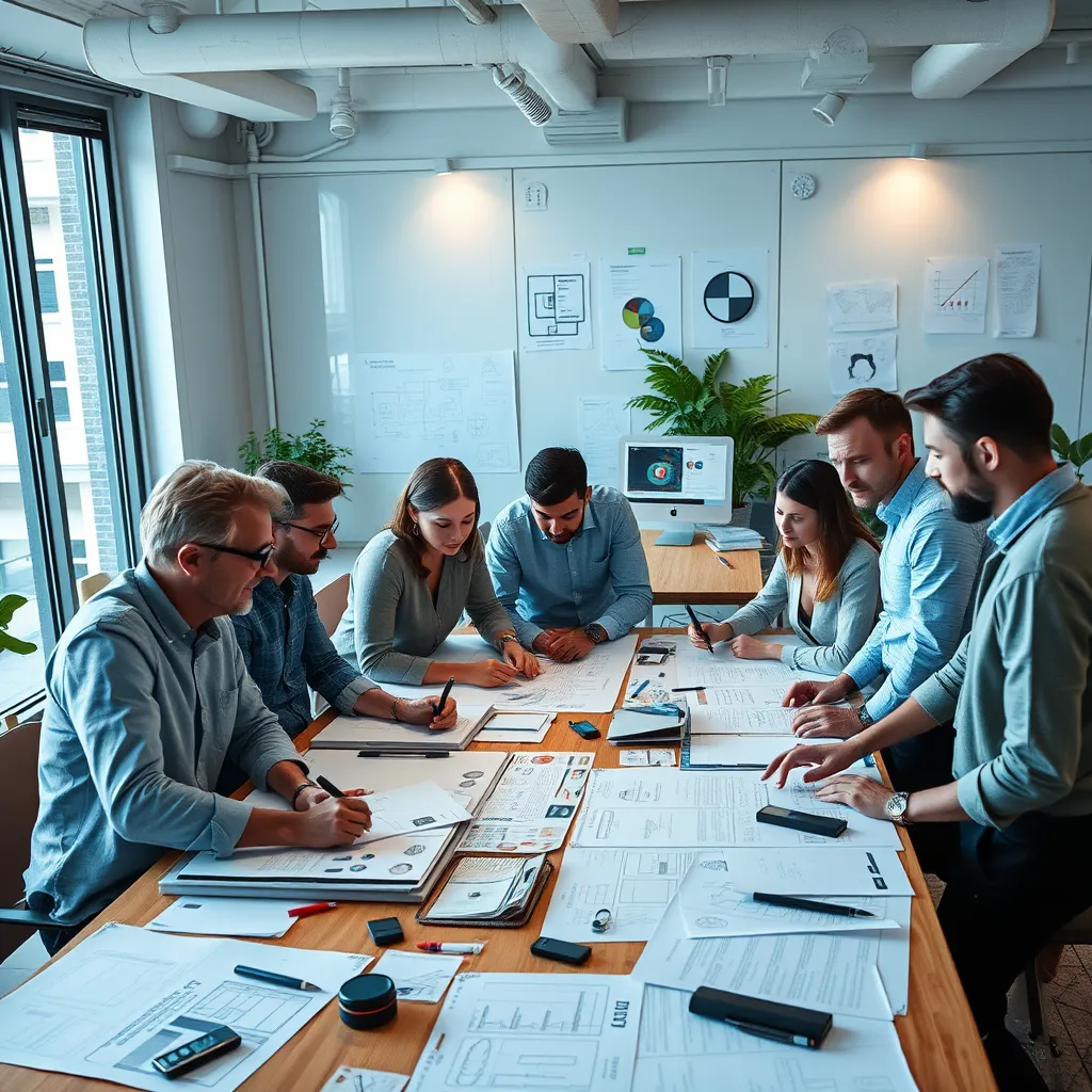  A modern office with a diverse team of designers collaborating on a project around a large table. The table is covered in sketches, design mockups, and brand guidelines. The atmosphere is creative and energetic, showcasing the collaborative nature of their work.