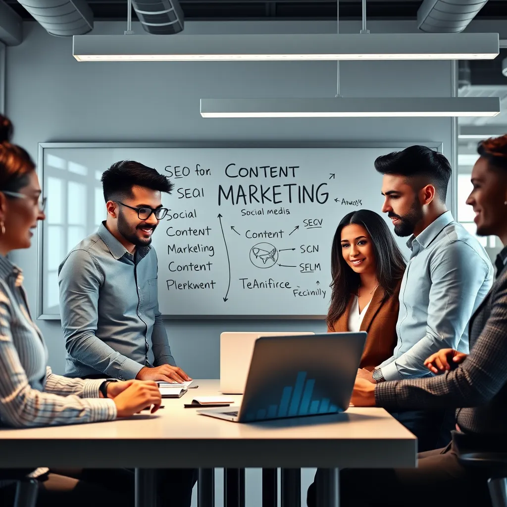 A modern office with a diverse team of professionals collaborating on a digital marketing strategy. The image should feature a whiteboard with handwritten notes about SEO, social media, content marketing, and other relevant terms. The team members should be engaged and looking at a laptop screen displaying data and analytics.