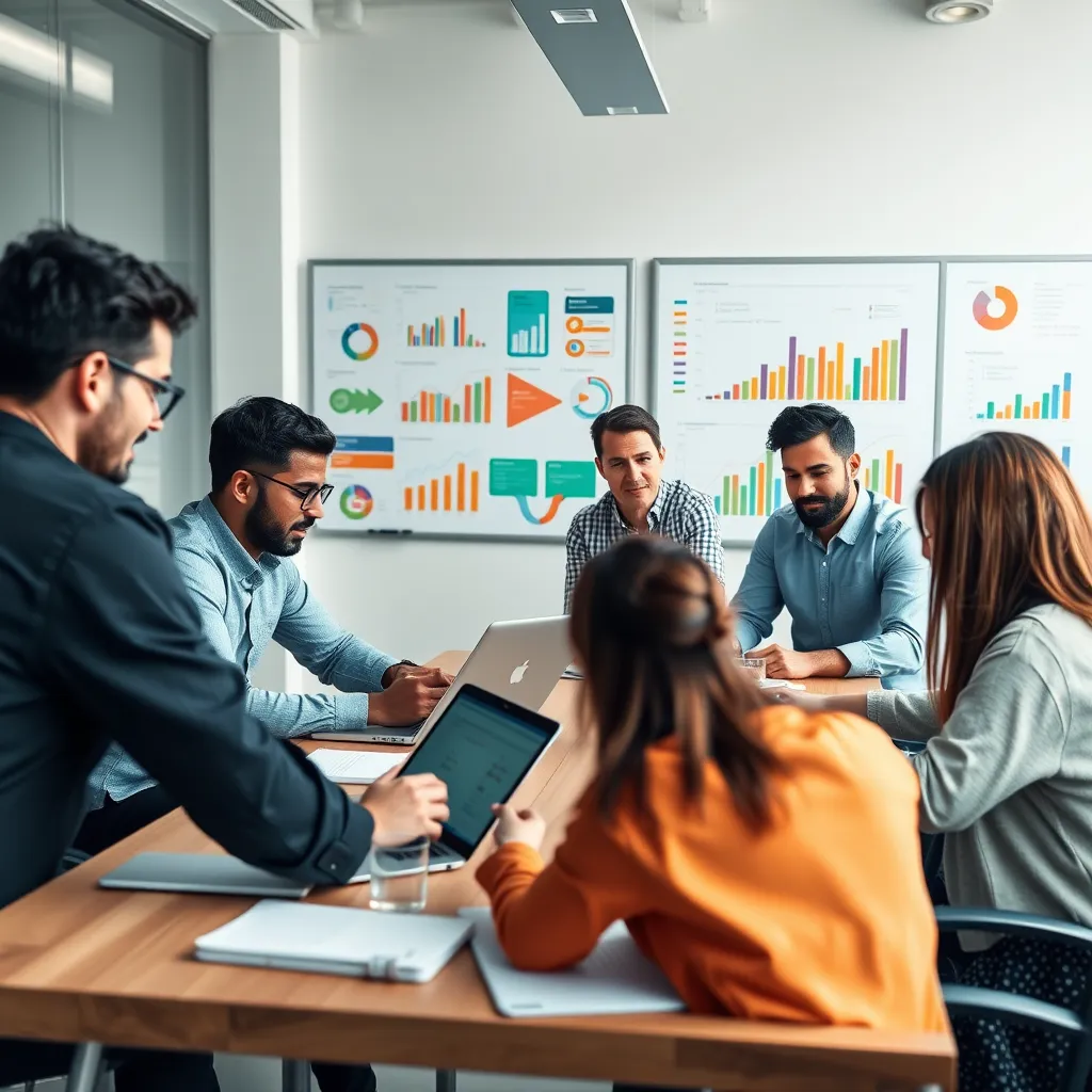 A modern office with a diverse team of marketers collaborating around a table, using laptops and digital tablets to analyze data and brainstorm ideas for a marketing campaign. The atmosphere is energetic and focused, with colorful charts and graphs displayed on a whiteboard behind them.