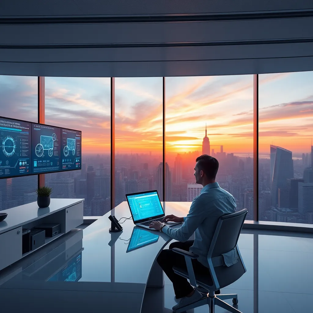 A modern office with a sleek, minimalist design. A person is sitting at a desk, using a laptop to monitor automated workflows displayed on multiple screens. The background shows a panoramic cityscape with skyscrapers and a vibrant sunset. The image should convey efficiency, automation, and a sense of control.