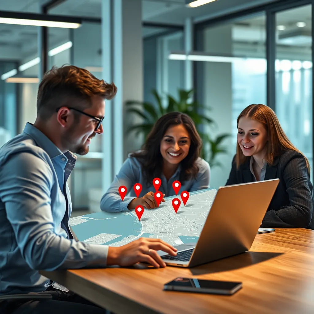 A modern office with a team collaborating on a laptop, using a map application with pins highlighting specific locations within a city, representing targeted local marketing efforts.