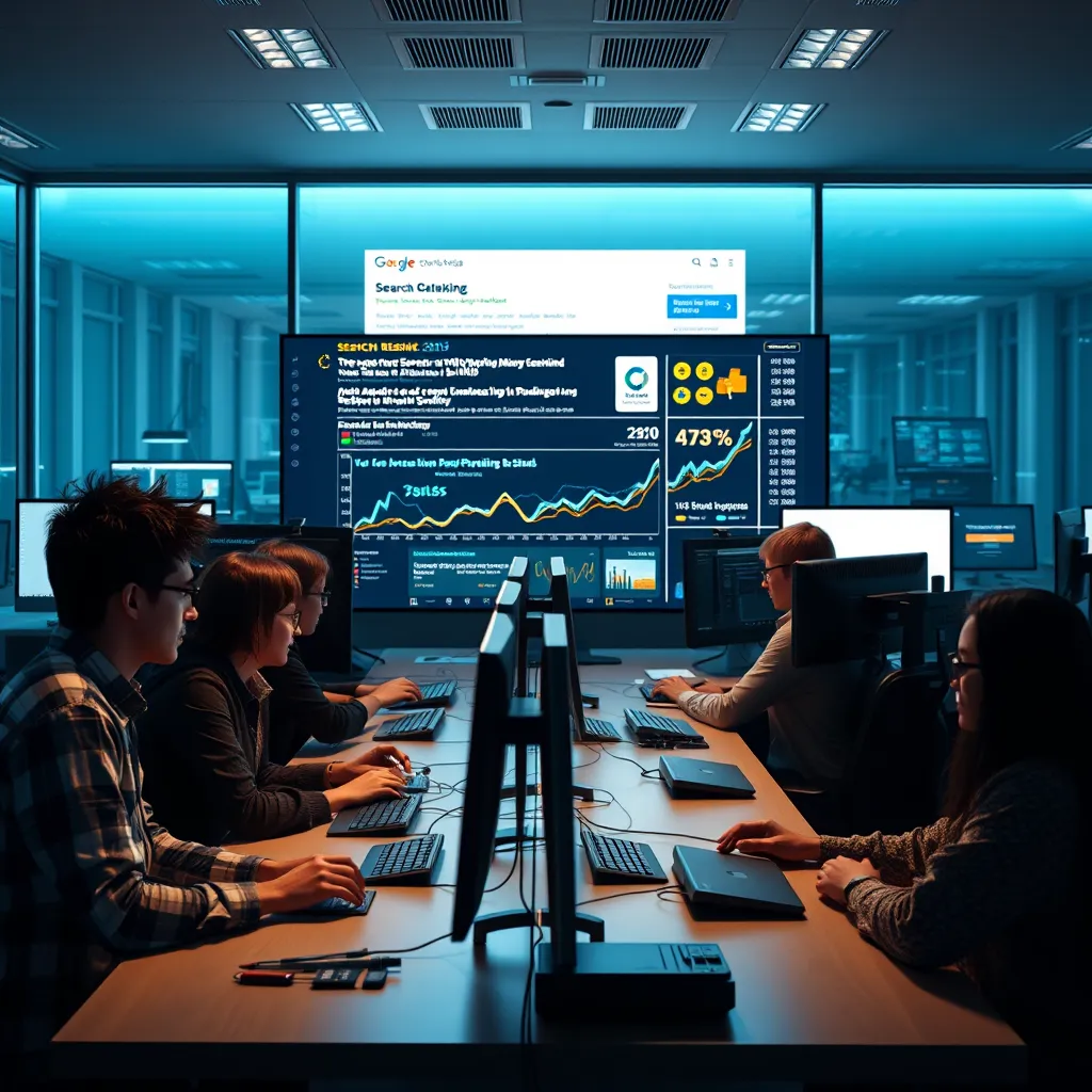 A modern office with a team of people working on computers, analyzing data and graphs related to search engine optimization. The background should feature a large screen displaying a website ranking high on a search engine results page (SERP).