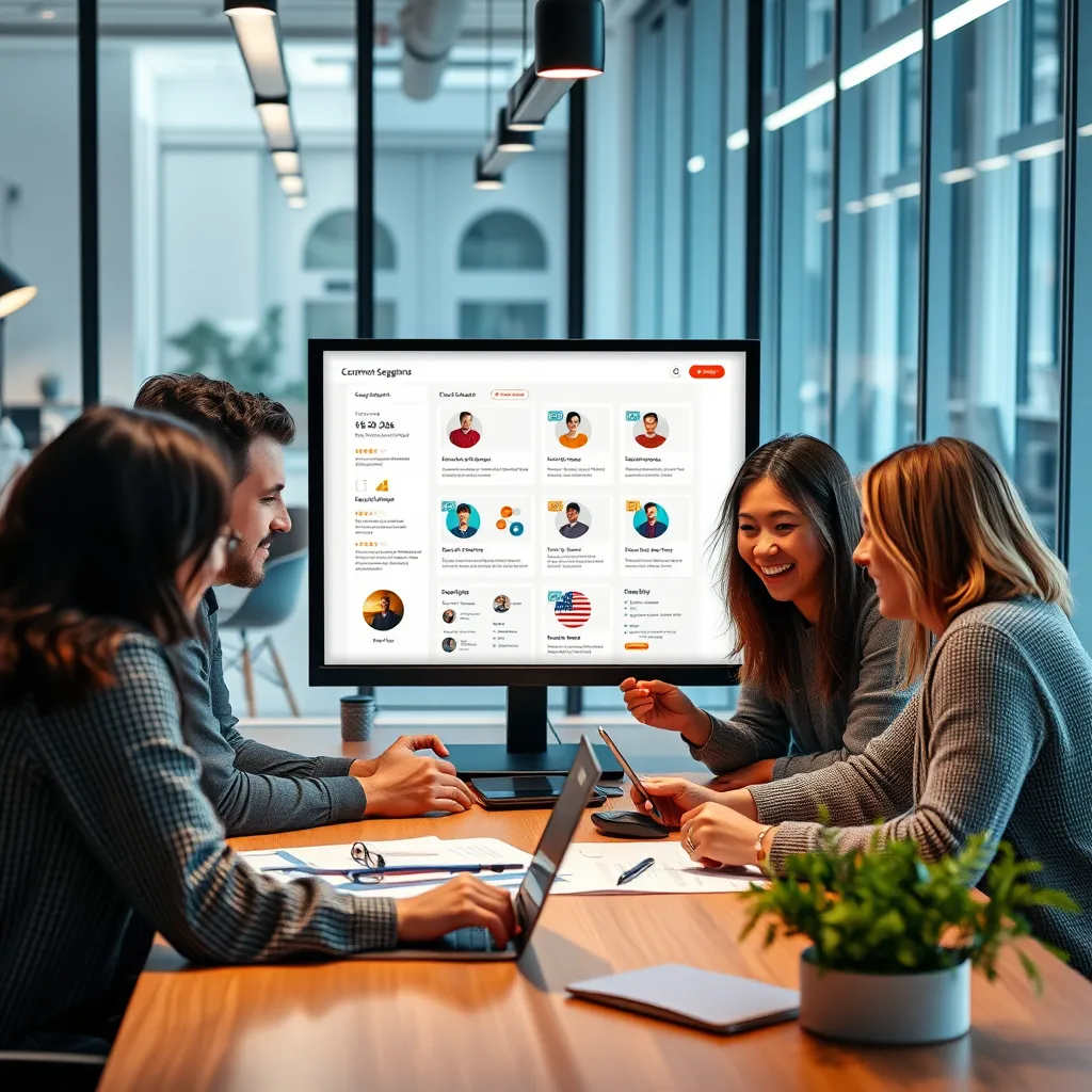 A modern office with a team of marketers huddled around a laptop, analyzing data and creating a personalized email campaign. The screen displays various customer segments with their preferences and interests. They are excited about their targeted email strategy for improved engagement.