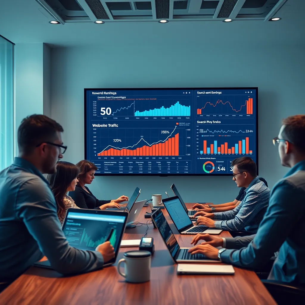 A modern office with a team of people working on laptops, analyzing data and charts on a large screen. The screen displays keywords, search engine rankings, and website traffic data. The atmosphere is professional and focused, conveying a sense of expertise and strategic planning.