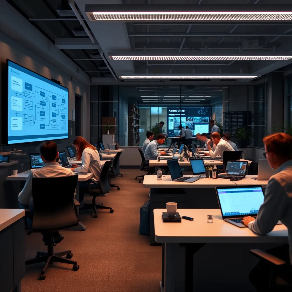 A modern office with sleek desks and laptops, showcasing a flow chart on a large screen depicting automated processes. In the background, a team of professionals works collaboratively on a project, showcasing a well-organized and efficient workflow.
